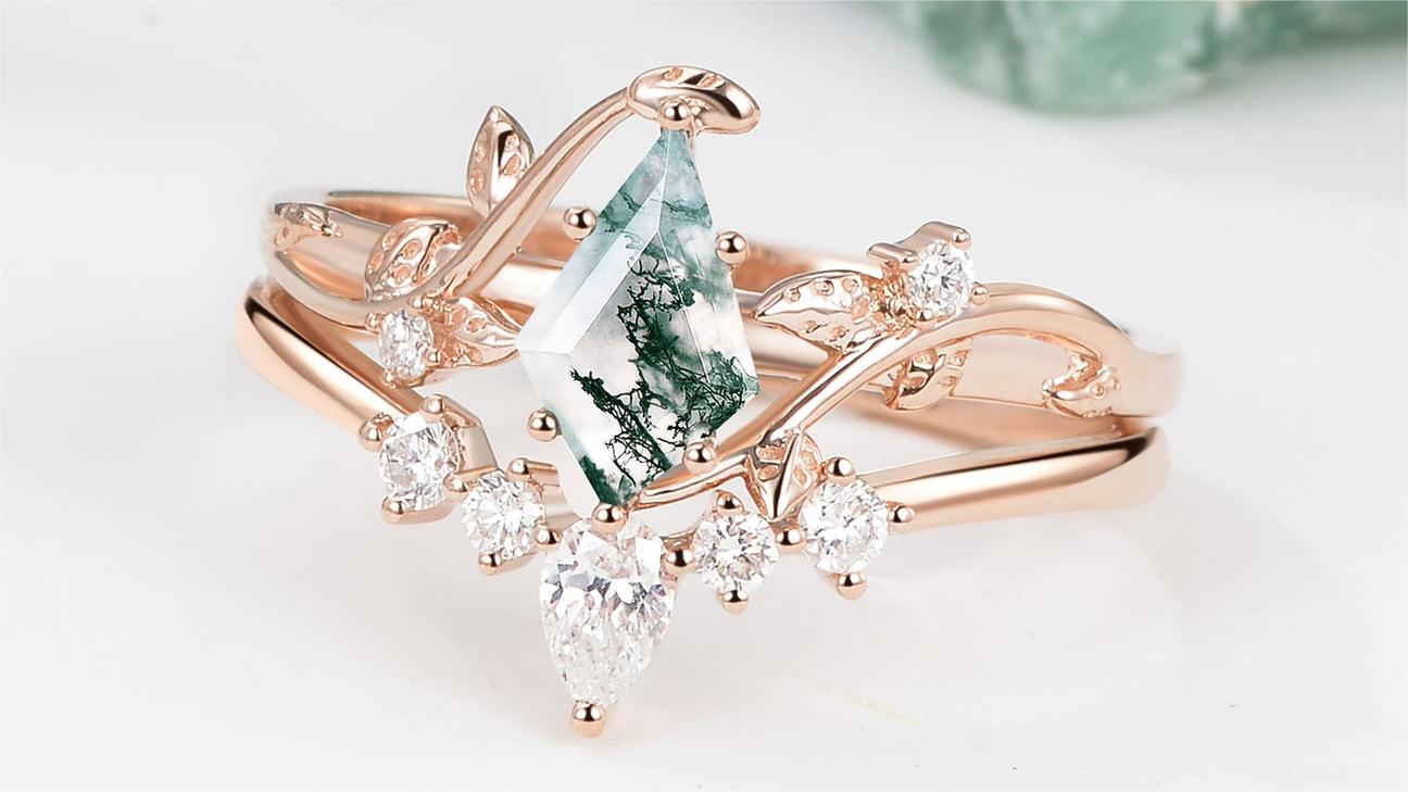 What Emotional Significance Does Kite Cut Moss Agate Leafy Bridal Rings Hold For Couples?